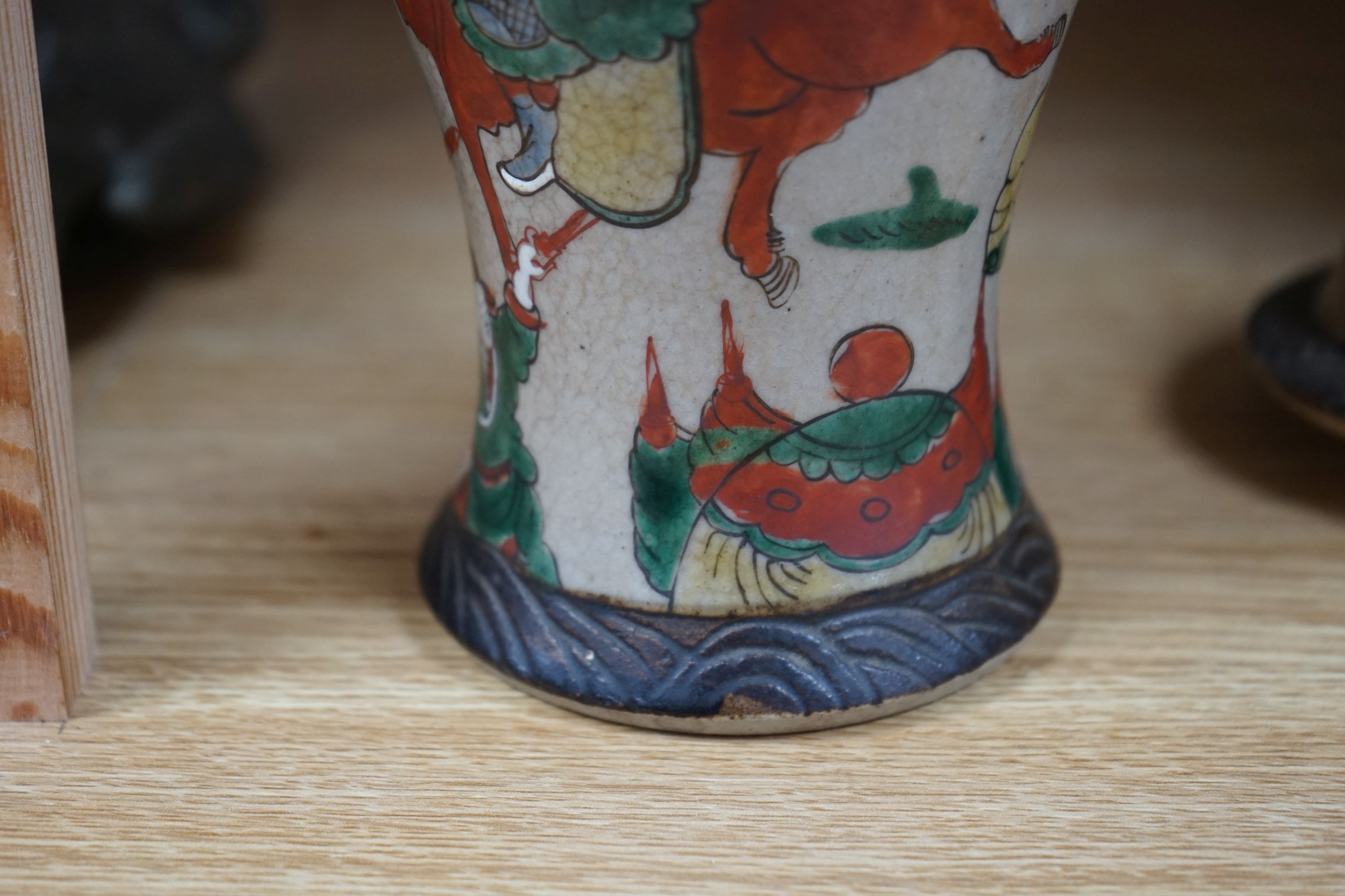 A late 19th century Chinese crackle glaze famille rose baluster vase and cover 30cm